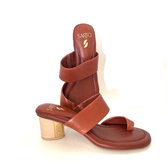 HEELS SARTO GOLDIE RUST LEATHER TOE HOLDER 8 ANTHROPOLOGIE marron brown - Picture 1 of 7